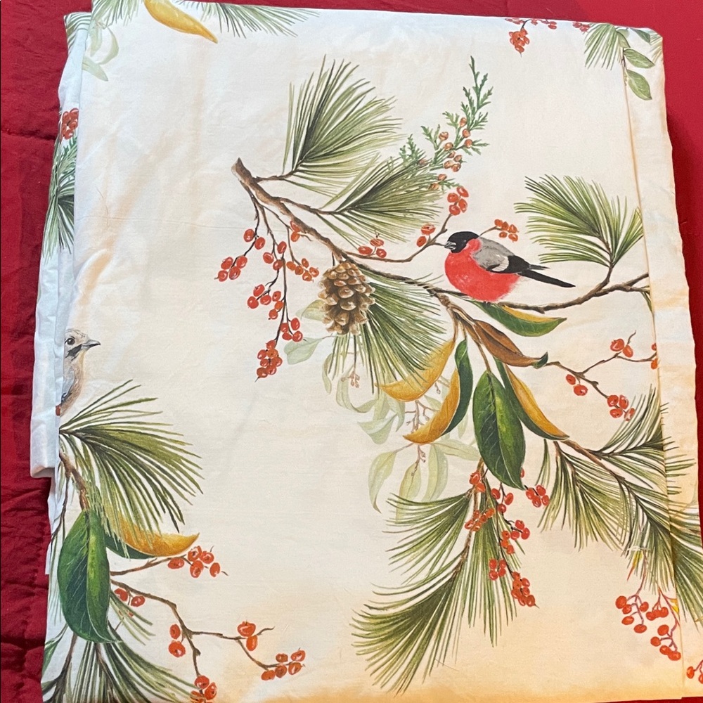 Pottery Barn Red and Green Bird Print Fabric Queen Sheet Set - Picture 3 of 5